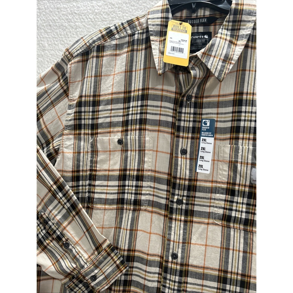 Carhartt Men's Rugged Flex Relaxed Fit Lightweight Long Plaid Shirt Cream/Orang - Picture 2 of 9